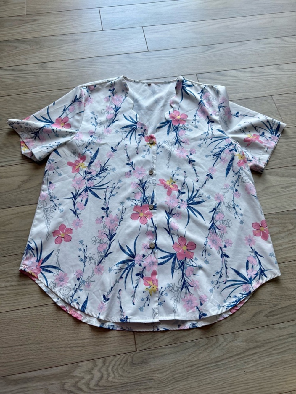 White Floral Button-Up Blouse with Pink & Blue Flowers